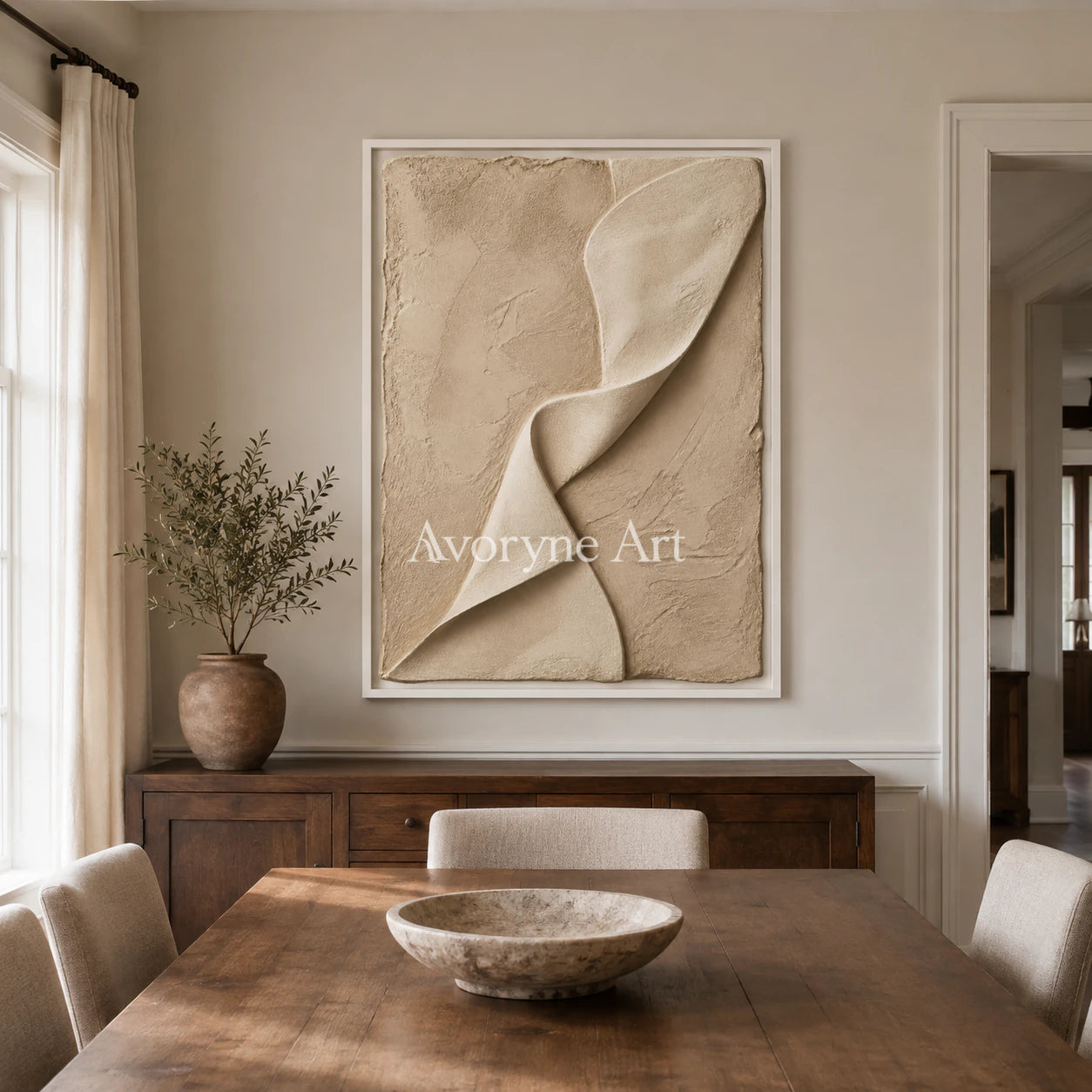 Linen Cascade: Beige Sculptural Abstract Wall Art - dining room white frame