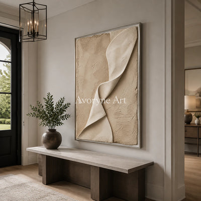 Linen Cascade: Beige Sculptural Abstract Wall Art - entryway silver frame