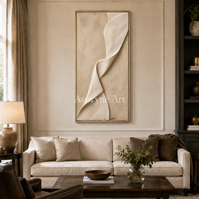 Linen Cascade: Beige Sculptural Abstract Wall Art - hotel wood frame