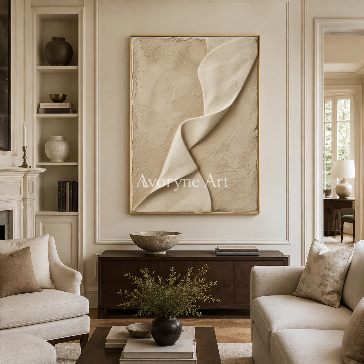 Linen Cascade: Beige Sculptural Abstract Wall Art - living room gold frame