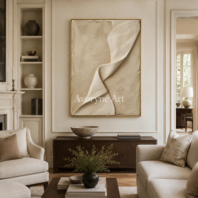 Linen Cascade: Beige Sculptural Abstract Wall Art - living room gold frame