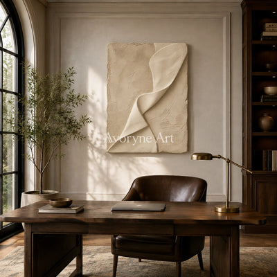 Linen Cascade: Beige Sculptural Abstract Wall Art - office frameless