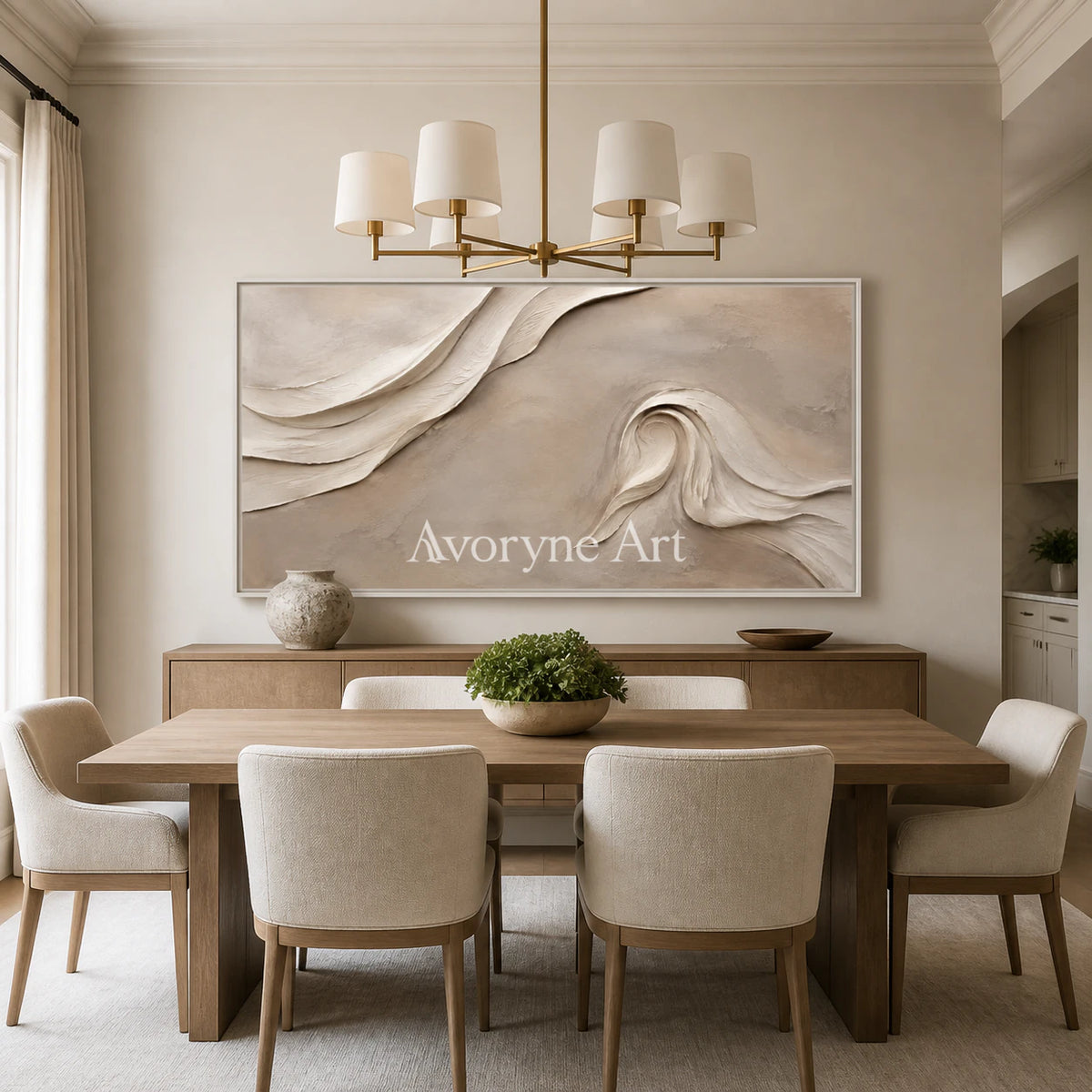Sandfold Horizon: Beige Sculptural Panoramic Wall Art - dining room white frame