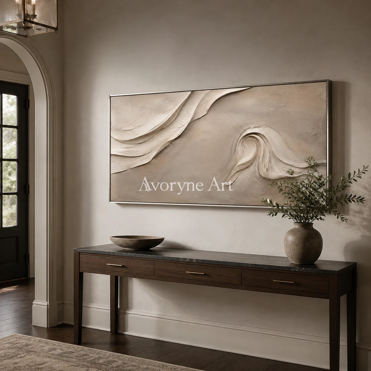 Sandfold Horizon: Beige Sculptural Panoramic Wall Art - entryway silver frame