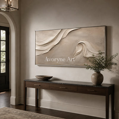 Sandfold Horizon: Beige Sculptural Panoramic Wall Art - entryway silver frame