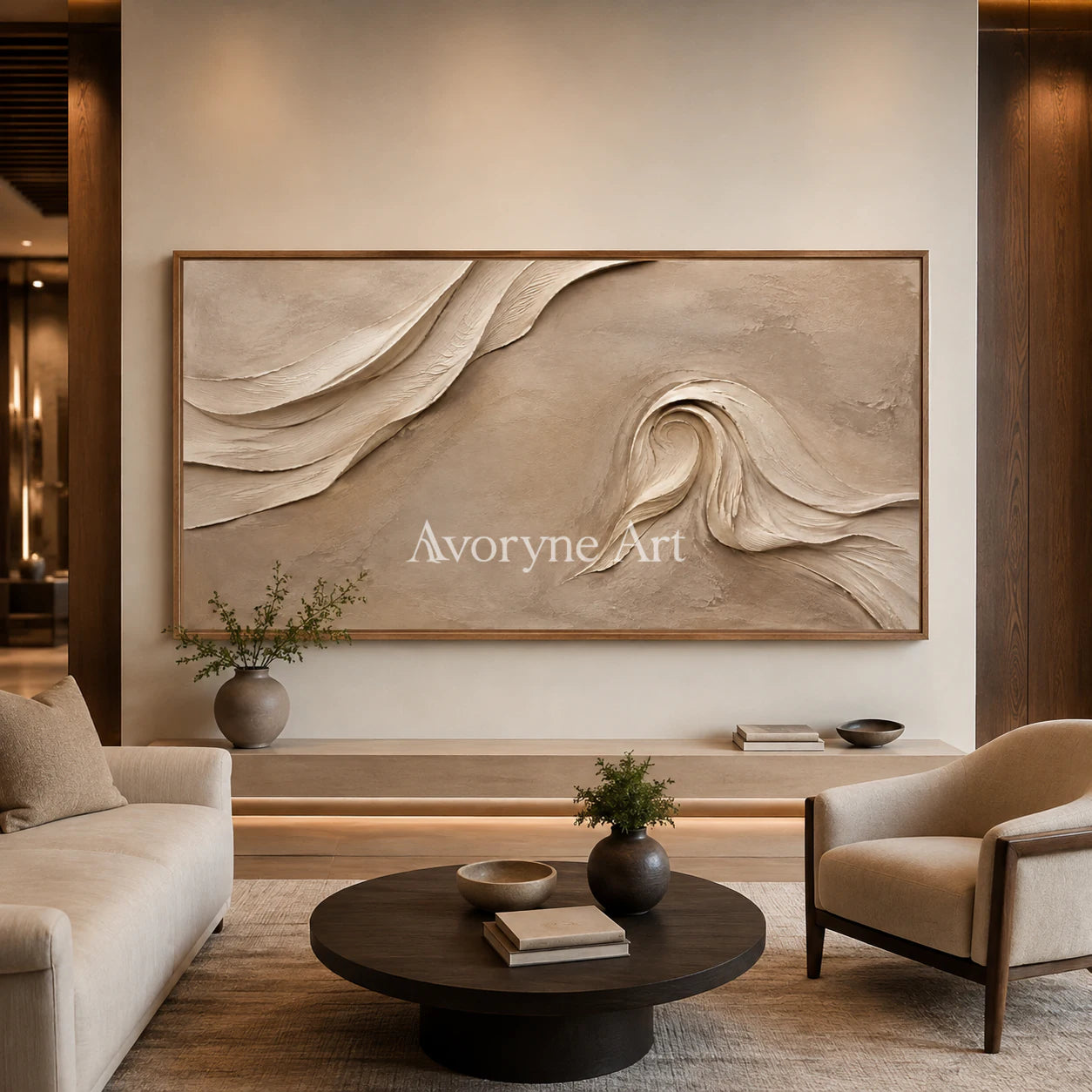 Sandfold Horizon: Beige Sculptural Panoramic Wall Art - hotel wood frame