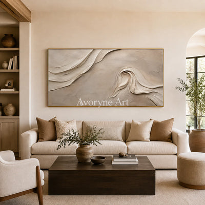 Sandfold Horizon: Beige Sculptural Panoramic Wall Art - living room gold frame