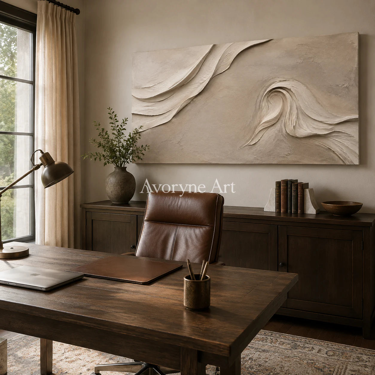 Sandfold Horizon: Beige Sculptural Panoramic Wall Art - office frameless
