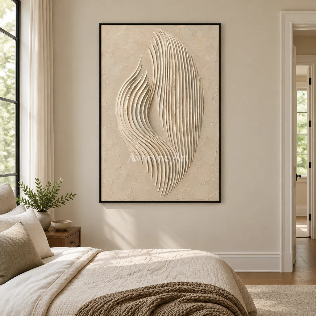 Dune Filament: Beige Sculptural Texture Art — bedroom black
