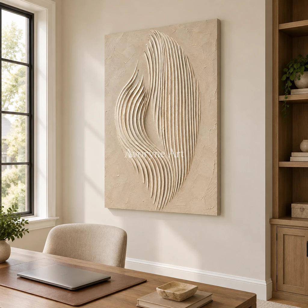 Dune Filament: Beige Sculptural Texture Art — office frameless