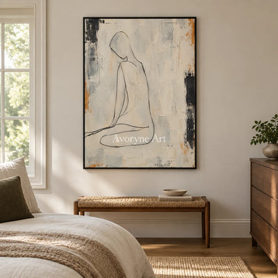 Quiet Outline: Beige Seated Figure Wall Art — bedroom black