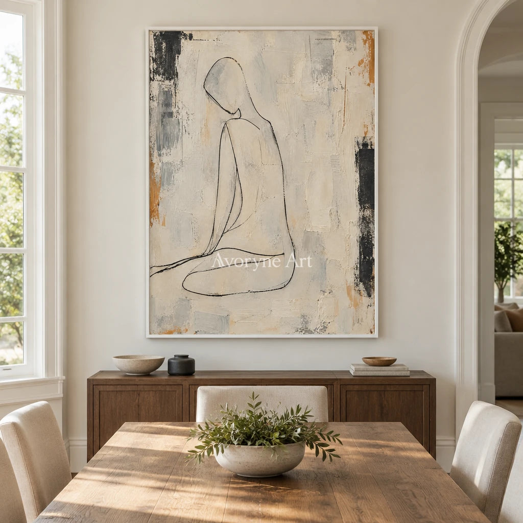 Quiet Outline: Beige Seated Figure Wall Art — dining white