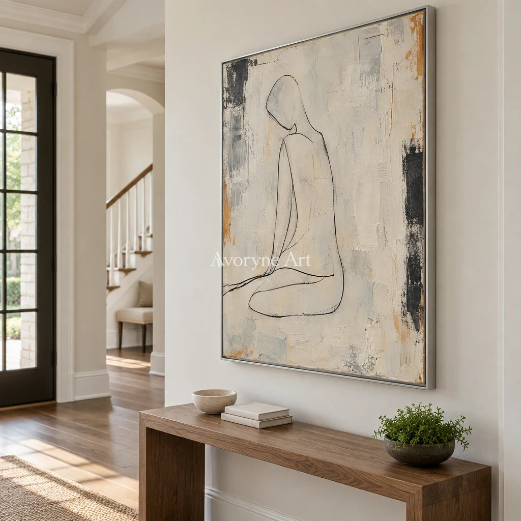 Quiet Outline: Beige Seated Figure Wall Art — entry silver