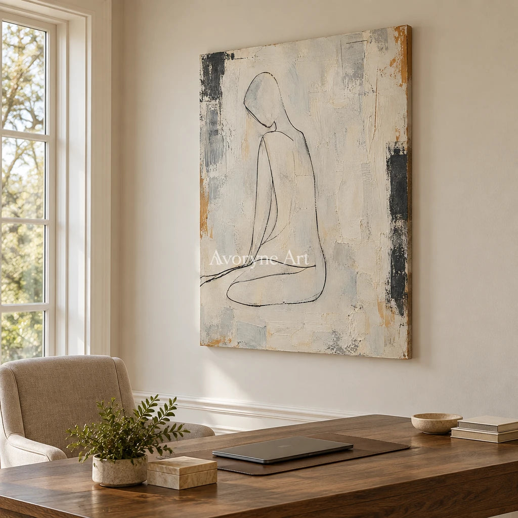 Quiet Outline: Beige Seated Figure Wall Art — office frameless