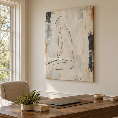 Quiet Outline: Beige Seated Figure Wall Art — office frameless