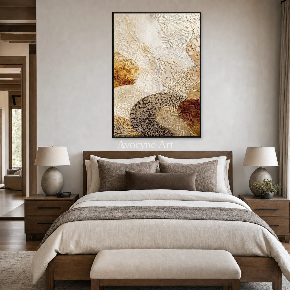 Tidal Medallion: Beige Spiral Texture Abstract Wall Art — bedroom black