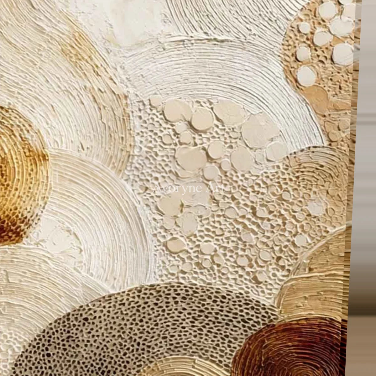Tidal Medallion: Beige Spiral Texture Abstract Wall Art — detail easel