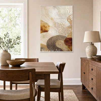 Tidal Medallion: Beige Spiral Texture Abstract Wall Art — dining white