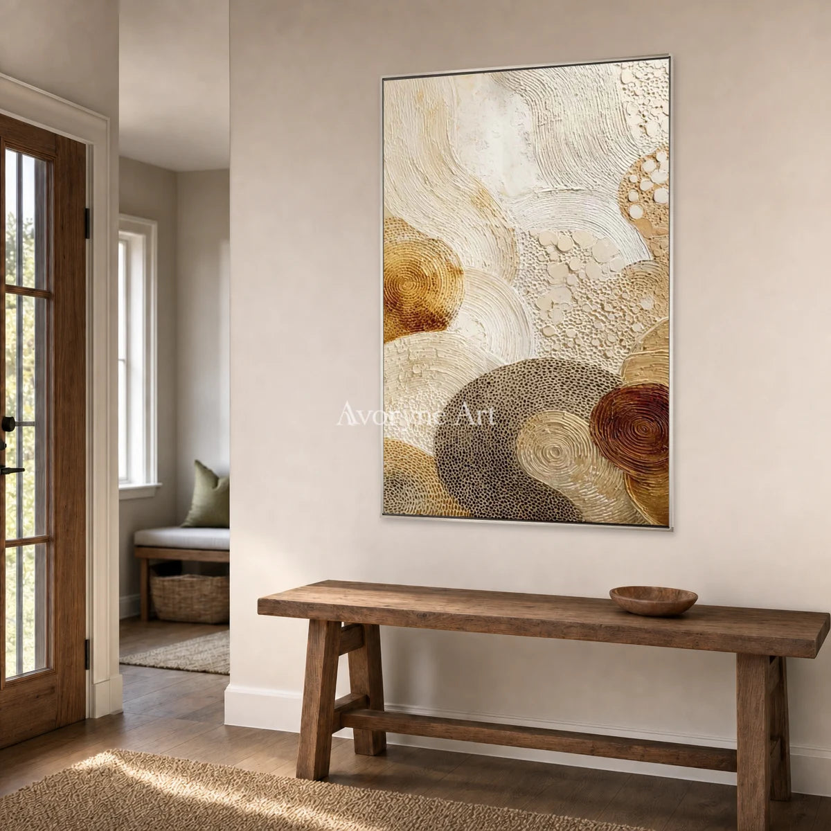 Tidal Medallion: Beige Spiral Texture Abstract Wall Art — entry silver