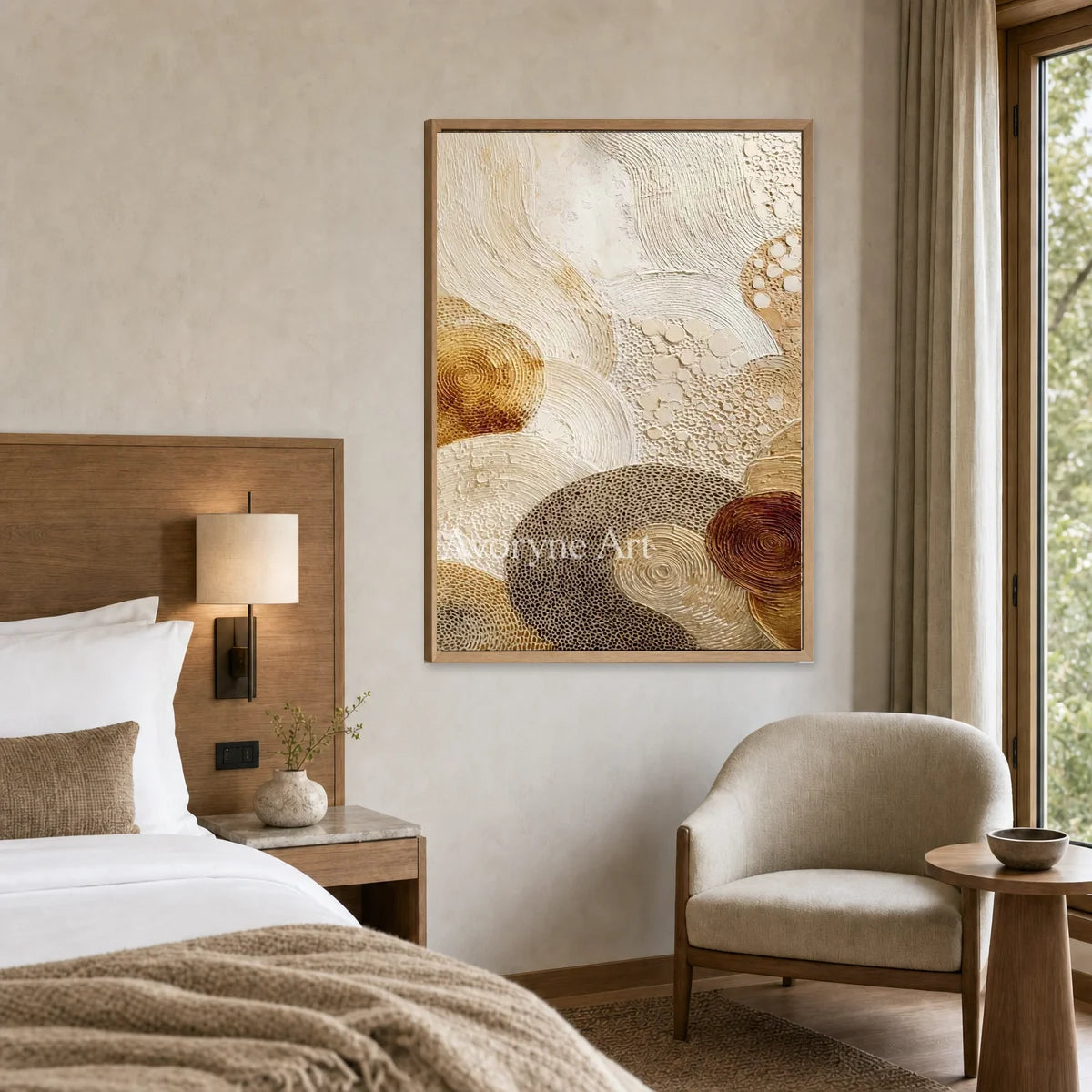 Tidal Medallion: Beige Spiral Texture Abstract Wall Art — hotel wood