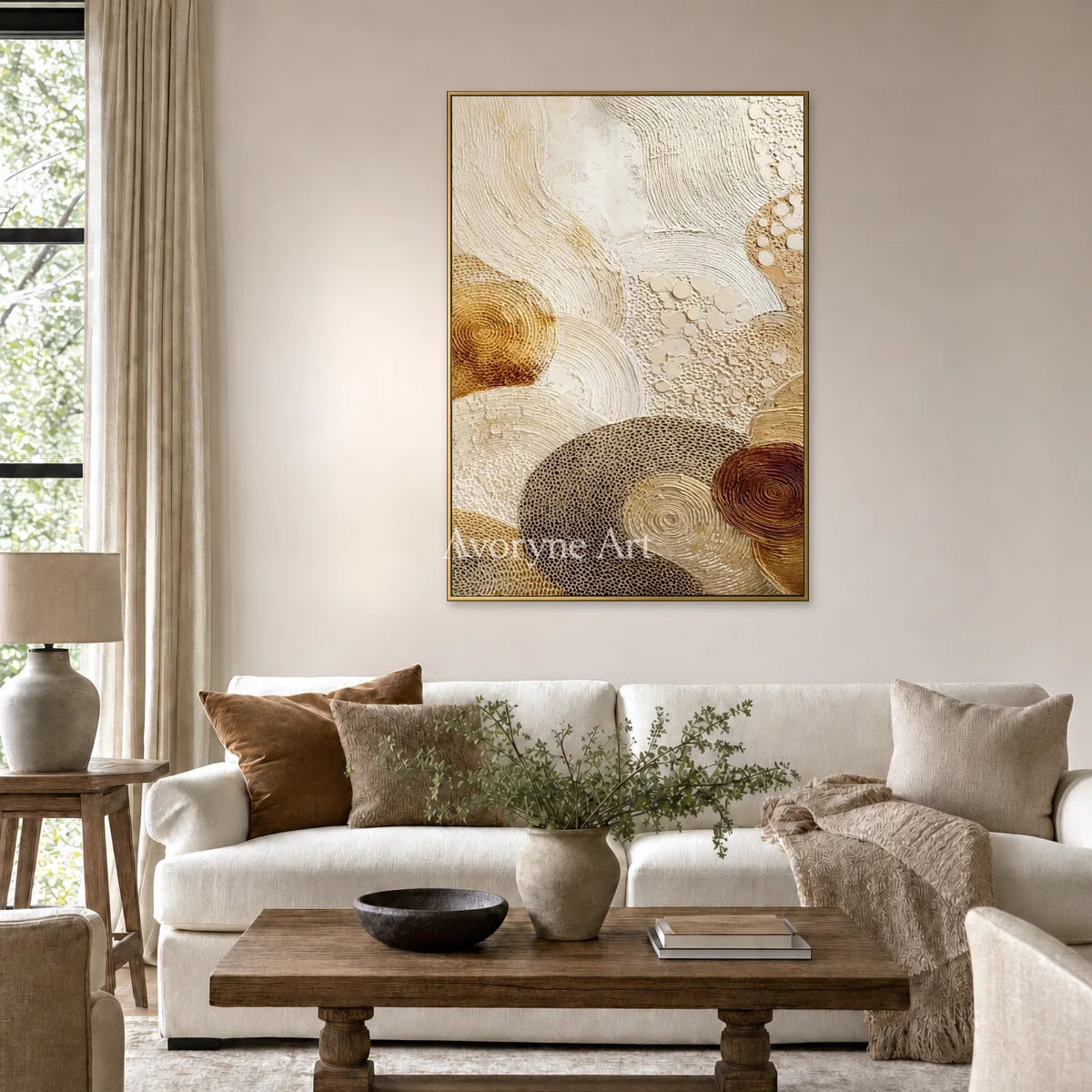 Tidal Medallion: Beige Spiral Texture Abstract Wall Art — living gold