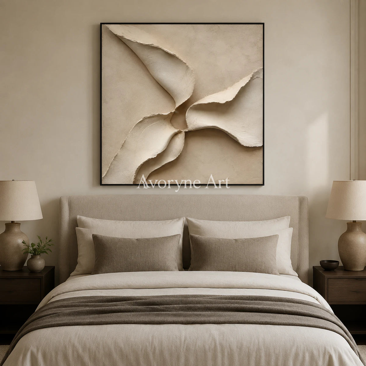 Quiet Mantle: Beige Square Textured Abstract Wall Art - bedroom black frame