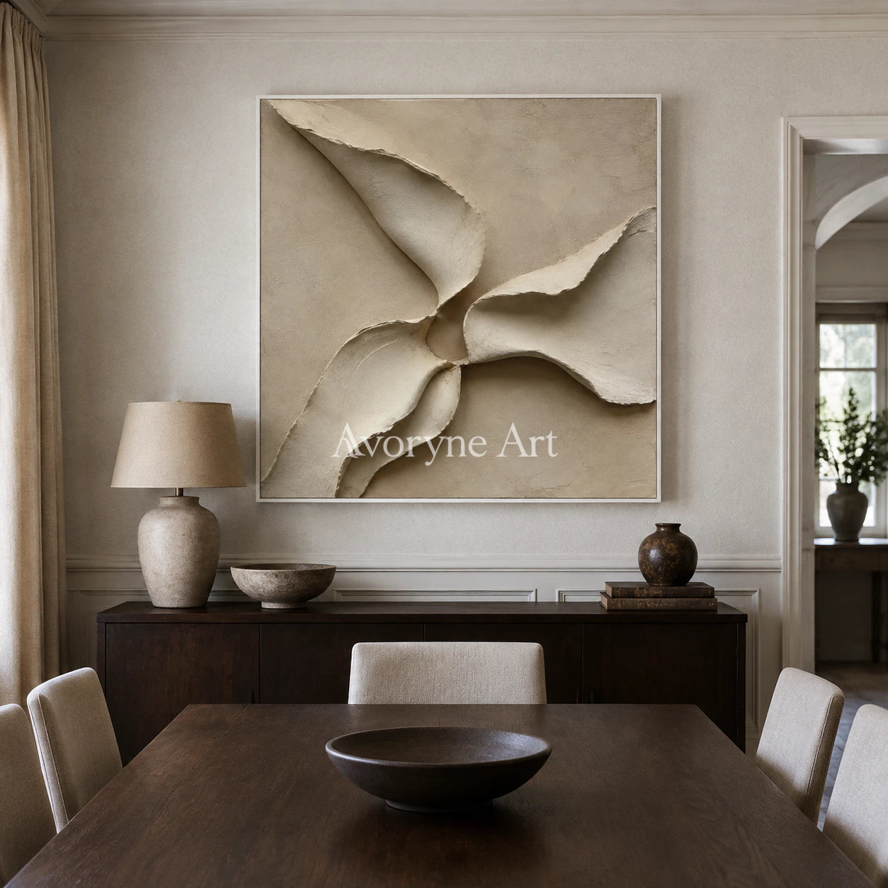 Quiet Mantle: Beige Square Textured Abstract Wall Art - dining room white frame