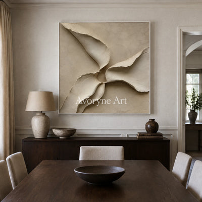 Quiet Mantle: Beige Square Textured Abstract Wall Art - dining room white frame
