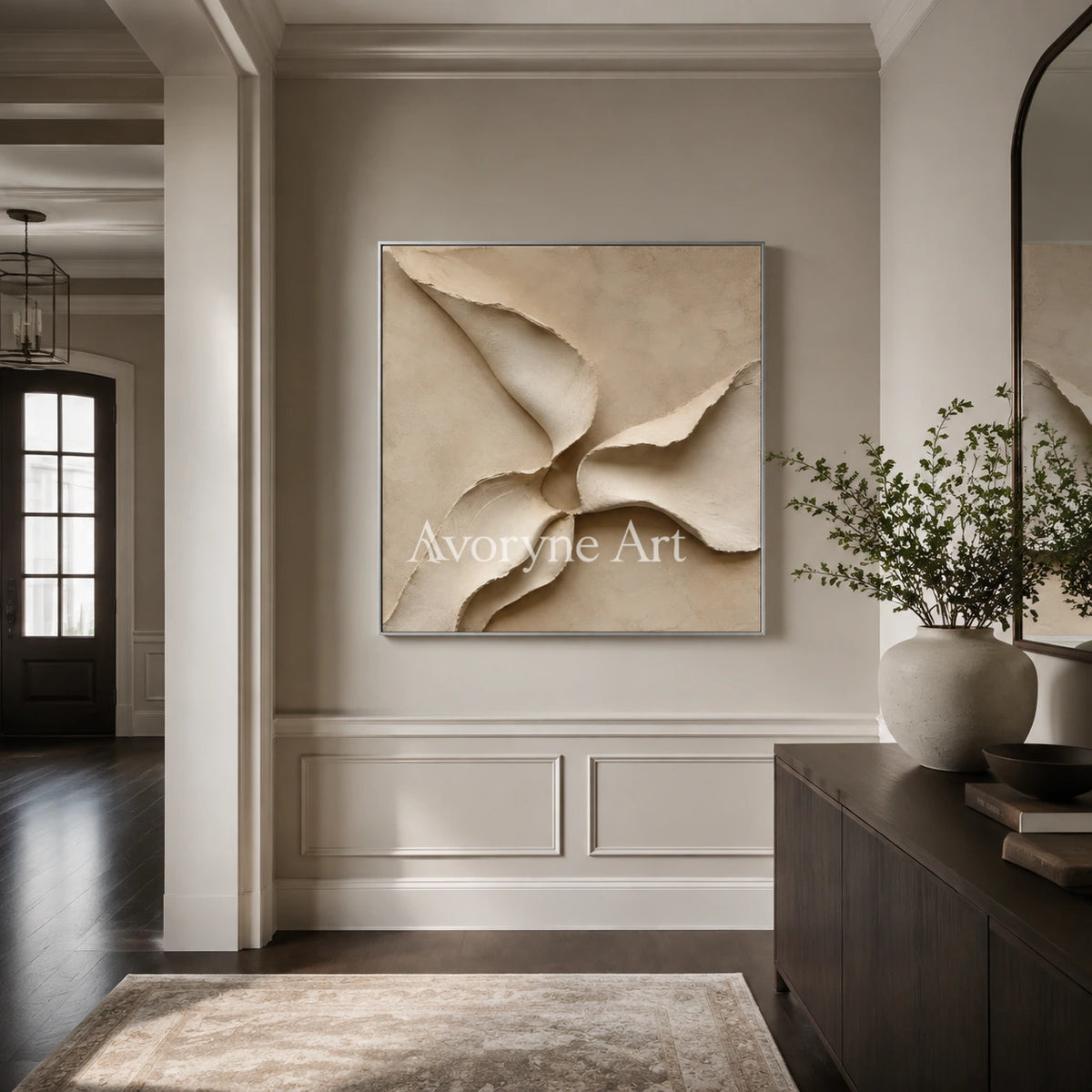 Quiet Mantle: Beige Square Textured Abstract Wall Art - entryway silver frame