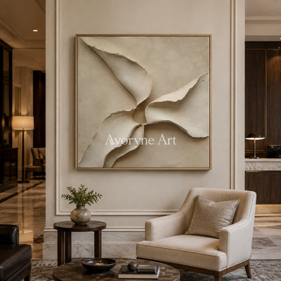 Quiet Mantle: Beige Square Textured Abstract Wall Art - hotel wood frame