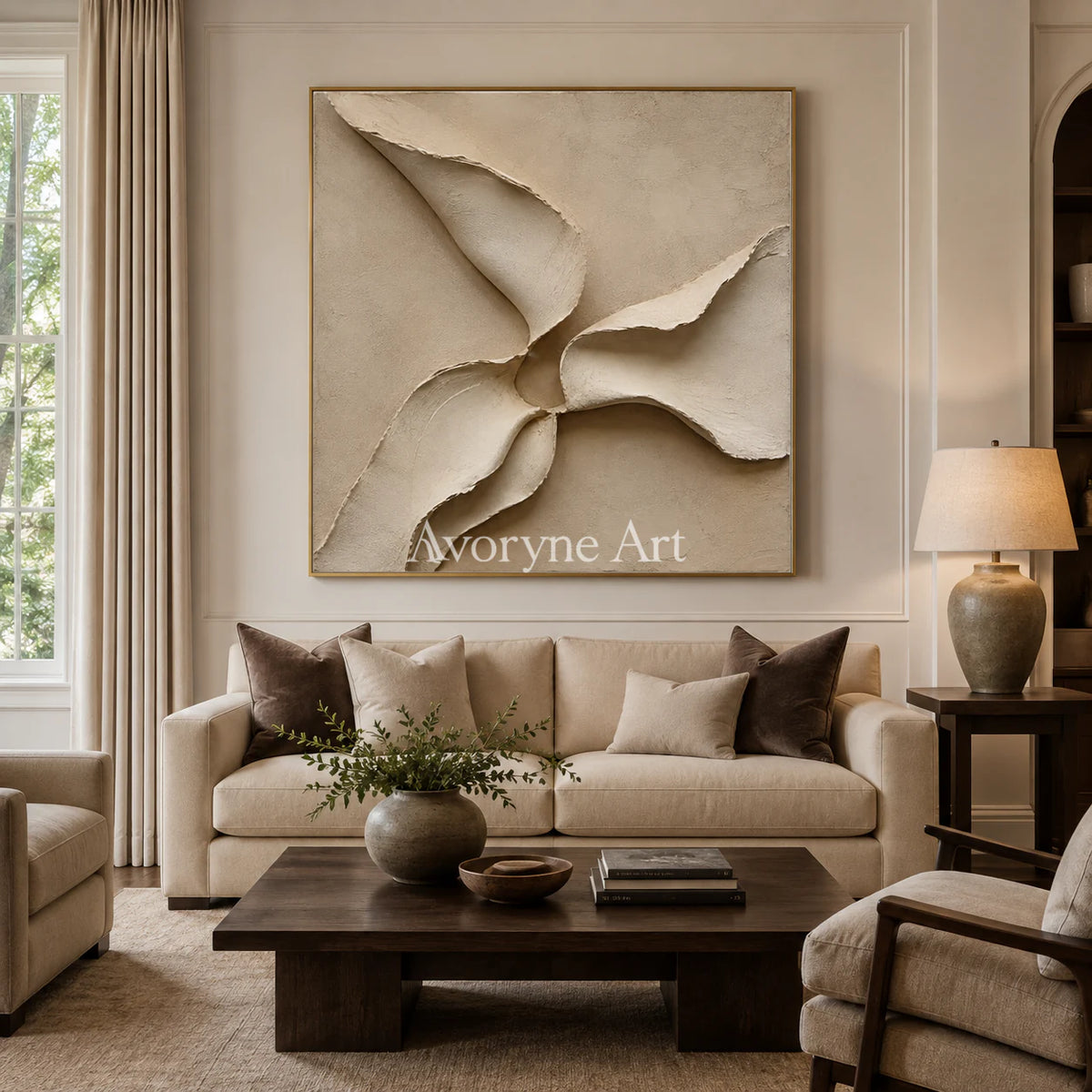 Quiet Mantle: Beige Square Textured Abstract Wall Art - living room gold frame