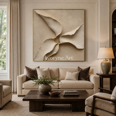 Quiet Mantle: Beige Square Textured Abstract Wall Art - living room gold frame