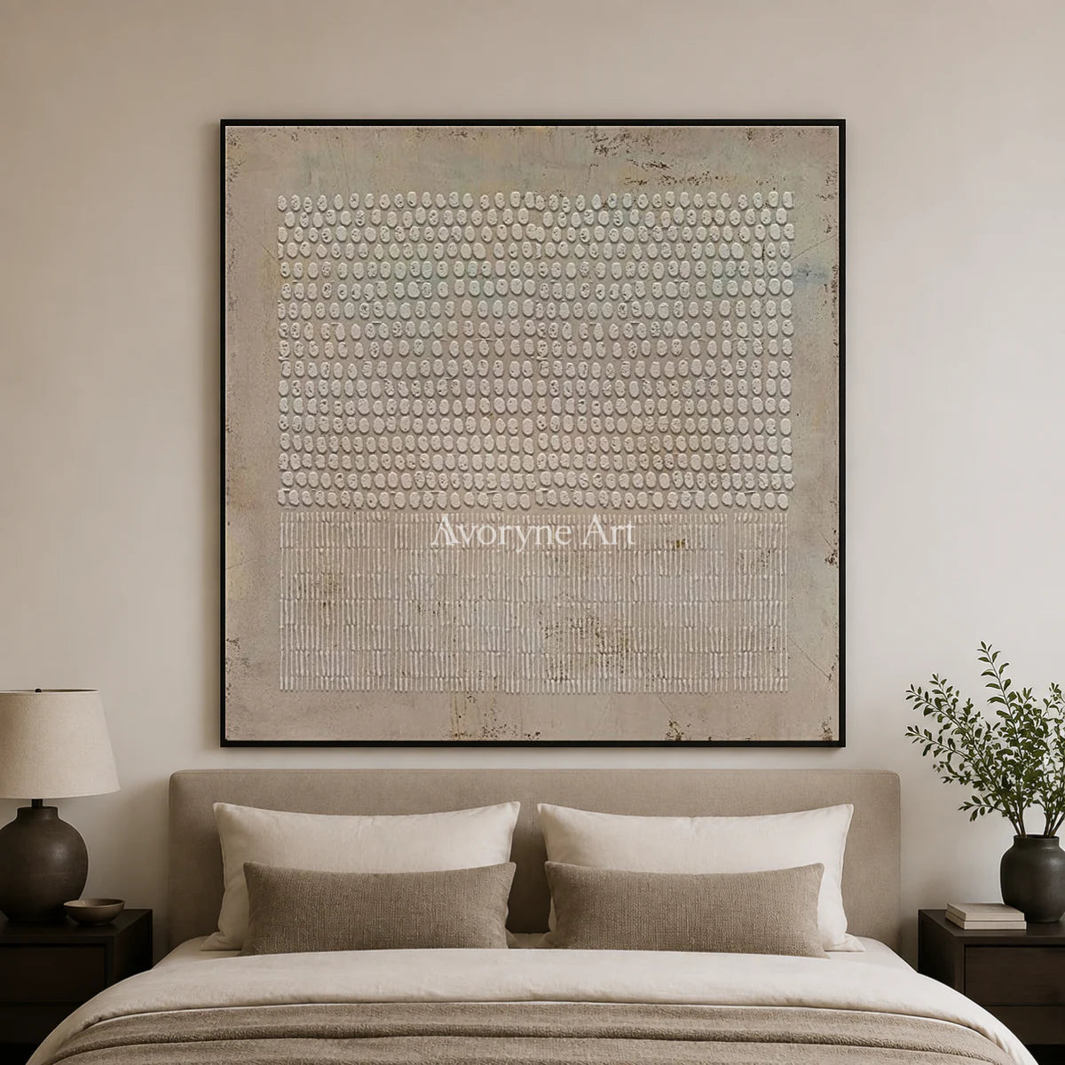 Pebble Ledger: Beige Square Textured Grid Wall Art — bedroom black