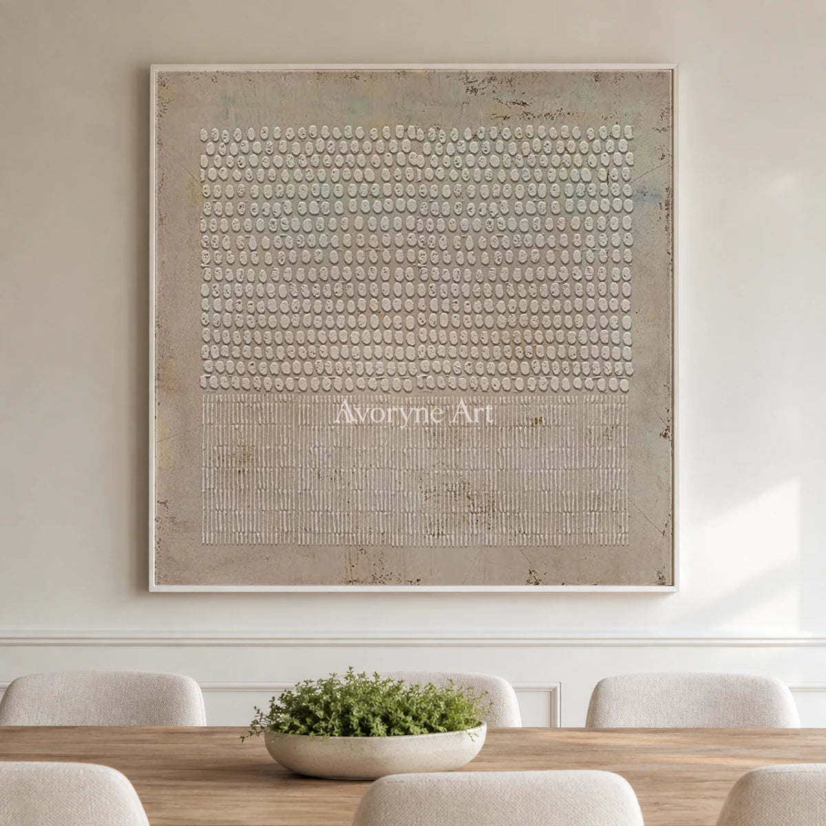 Pebble Ledger: Beige Square Textured Grid Wall Art — dining white