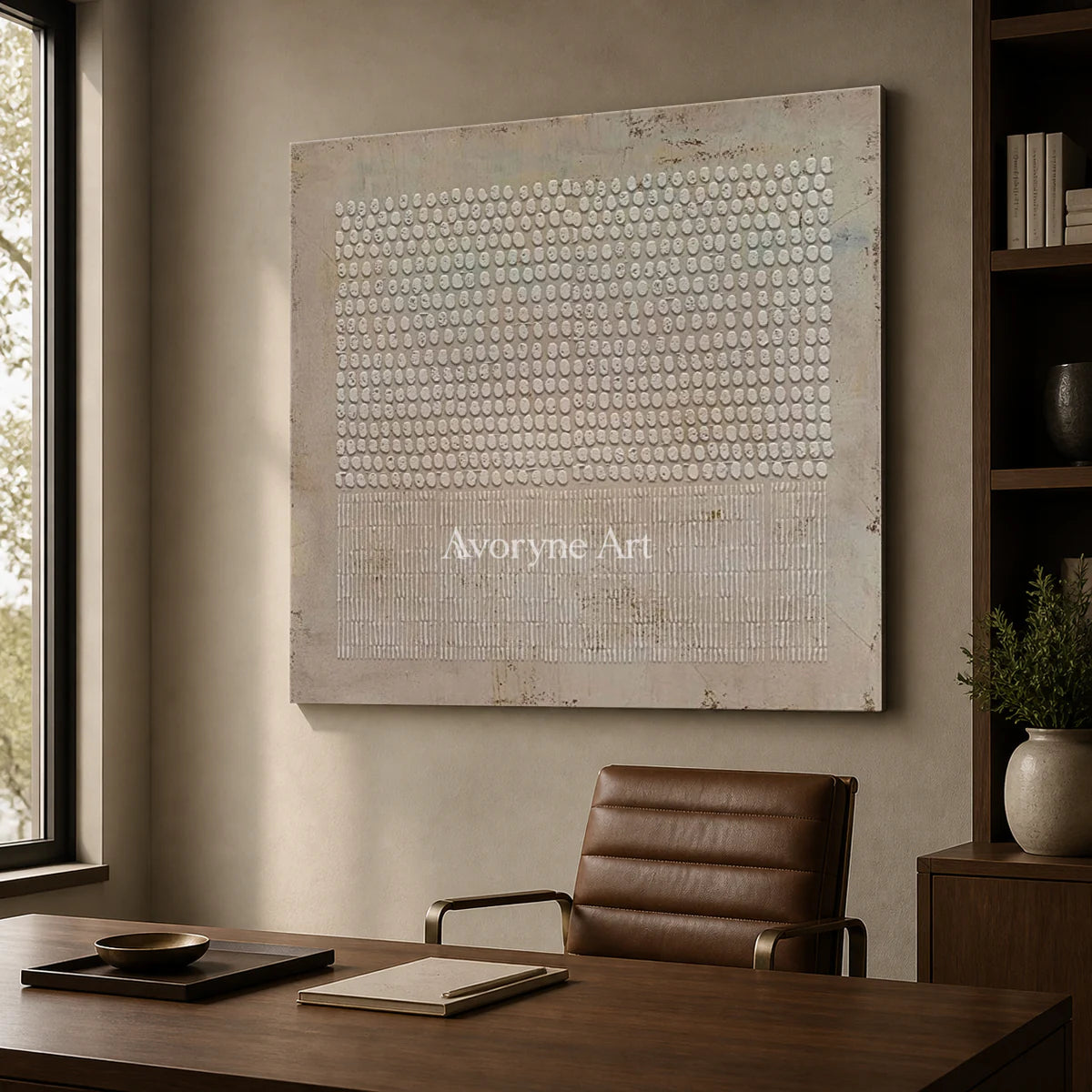 Pebble Ledger: Beige Square Textured Grid Wall Art — office frameless