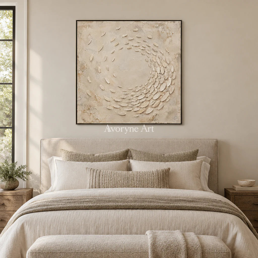 Pebbled Orbit: Beige Textured Abstract Wall Art — bedroom black
