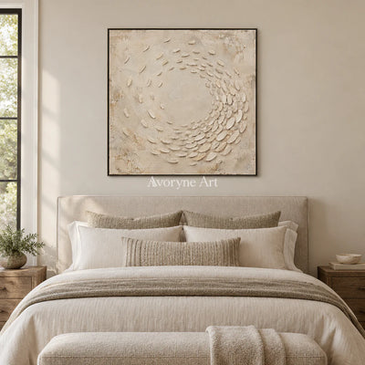 Pebbled Orbit: Beige Textured Abstract Wall Art — bedroom black