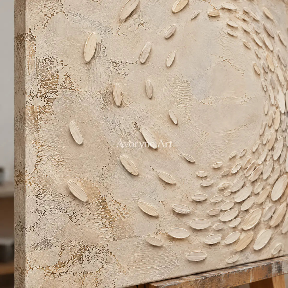 Pebbled Orbit: Beige Textured Abstract Wall Art — detail easel