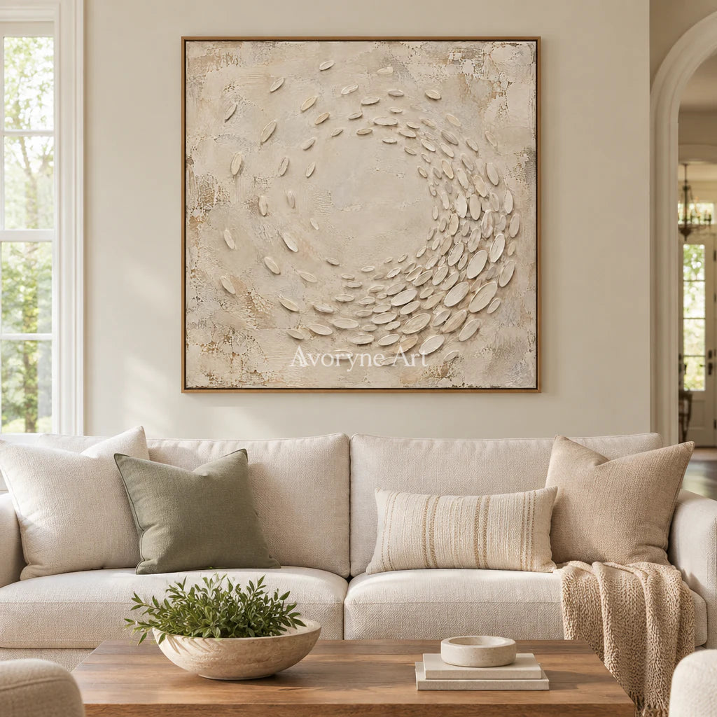 Pebbled Orbit: Beige Textured Abstract Wall Art — villa wood