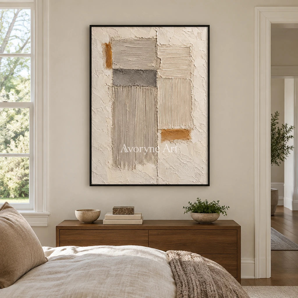 Sandstone Rhythm: Beige Textured Abstract Wall Art — bedroom black