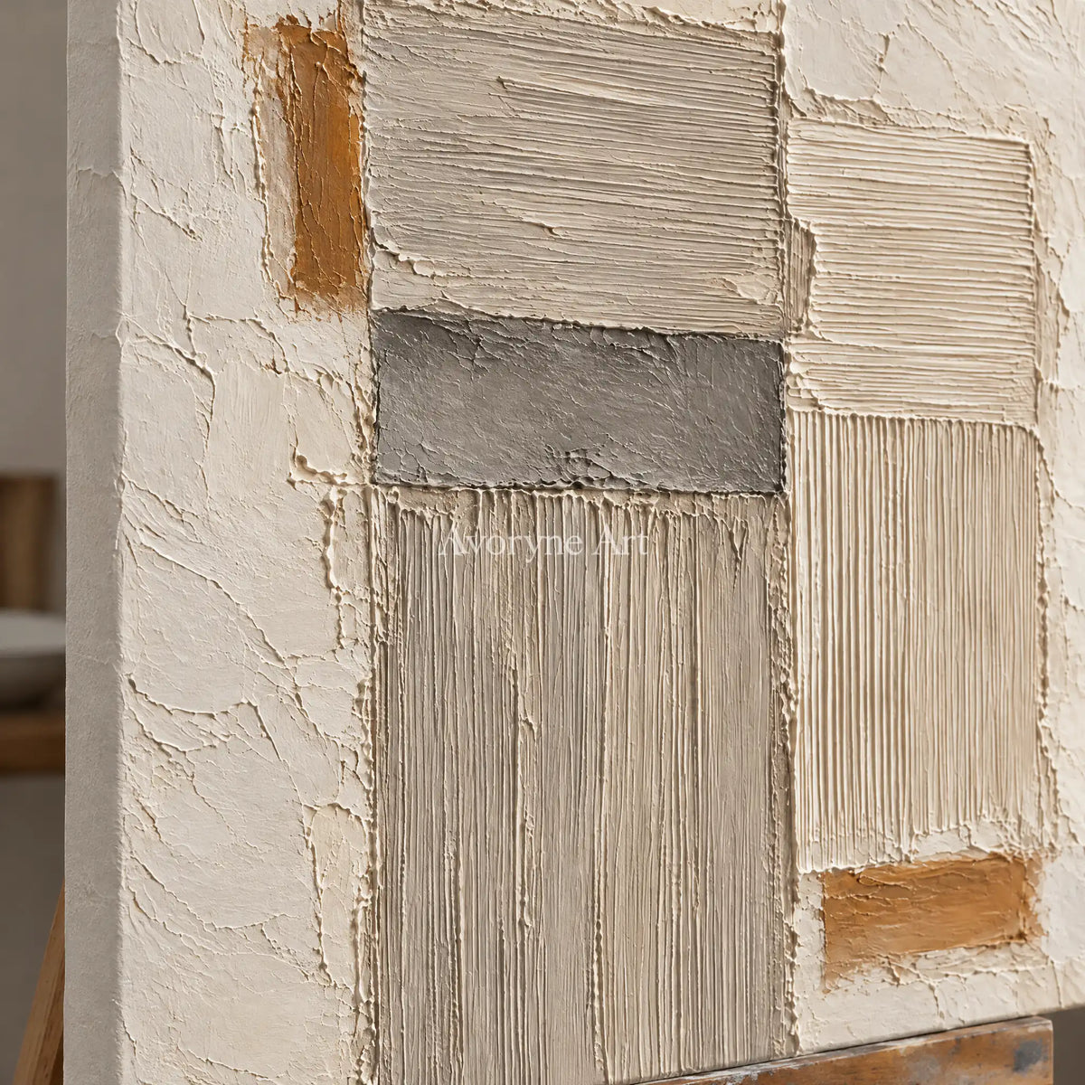 Sandstone Rhythm: Beige Textured Abstract Wall Art — detail easel