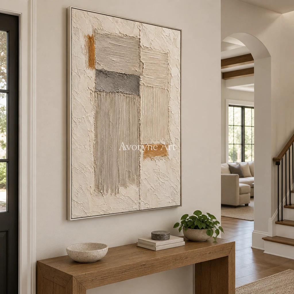 Sandstone Rhythm: Beige Textured Abstract Wall Art — entry silver