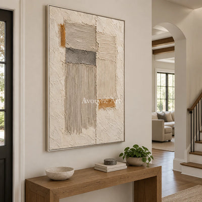 Sandstone Rhythm: Beige Textured Abstract Wall Art — entry silver