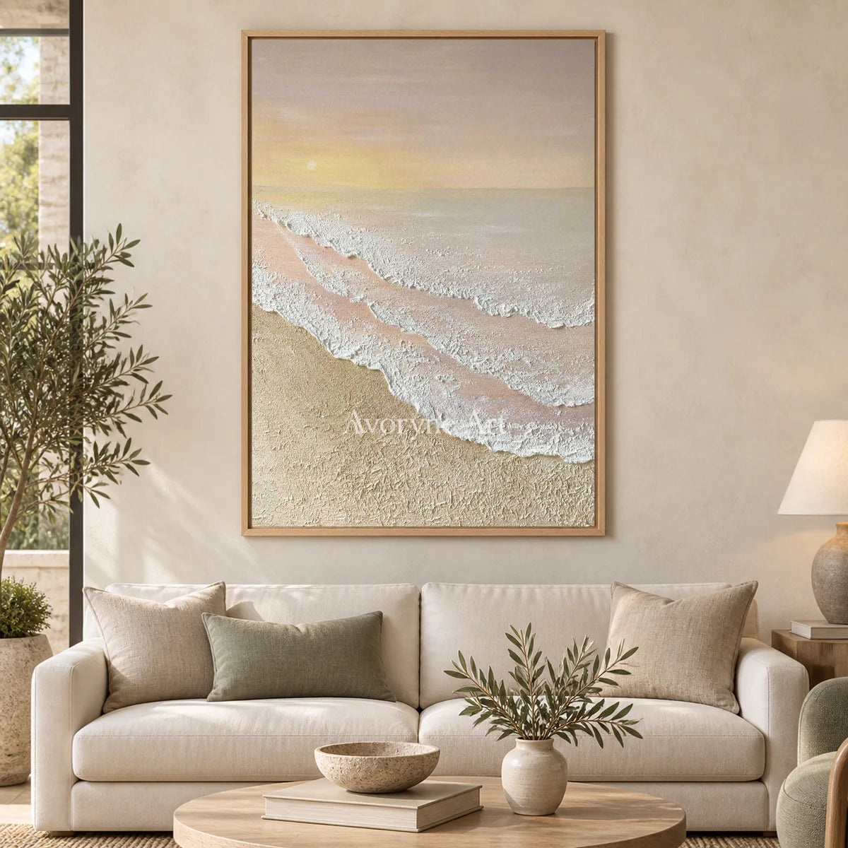 Apricot Shore: Beige Textured Coastal Wall Art — hotel wood
