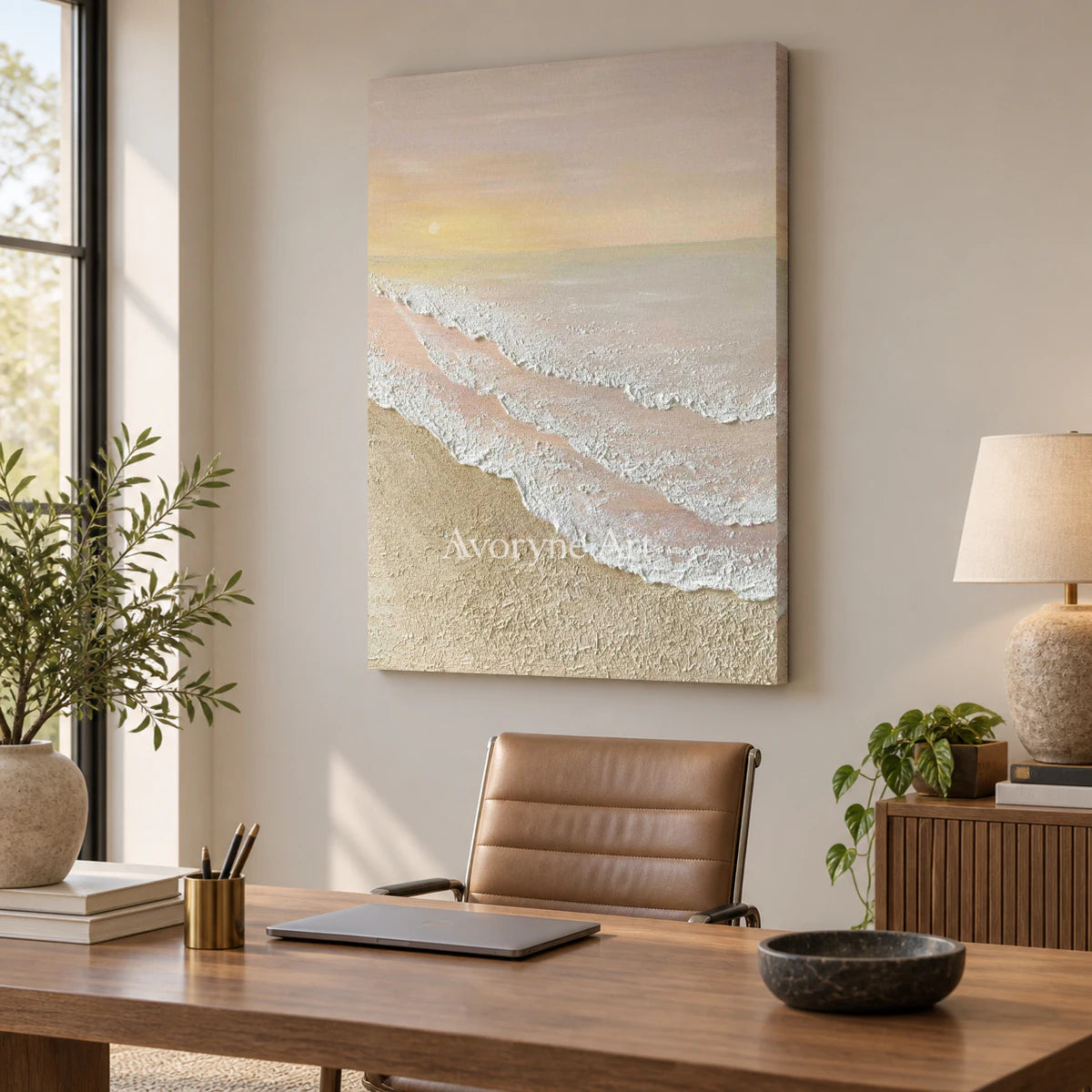 Apricot Shore: Beige Textured Coastal Wall Art — office frameless