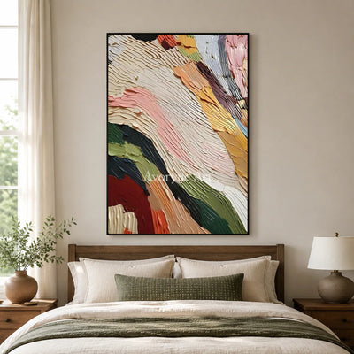 Chromatic Passage: Beige Textured Colorful Abstract Wall Art — bedroom black