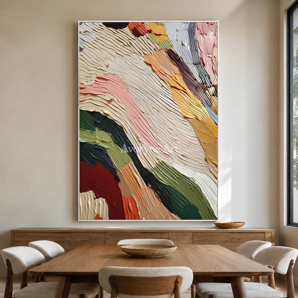 Chromatic Passage: Beige Textured Colorful Abstract Wall Art — dining white