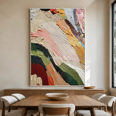 Chromatic Passage: Beige Textured Colorful Abstract Wall Art — dining white