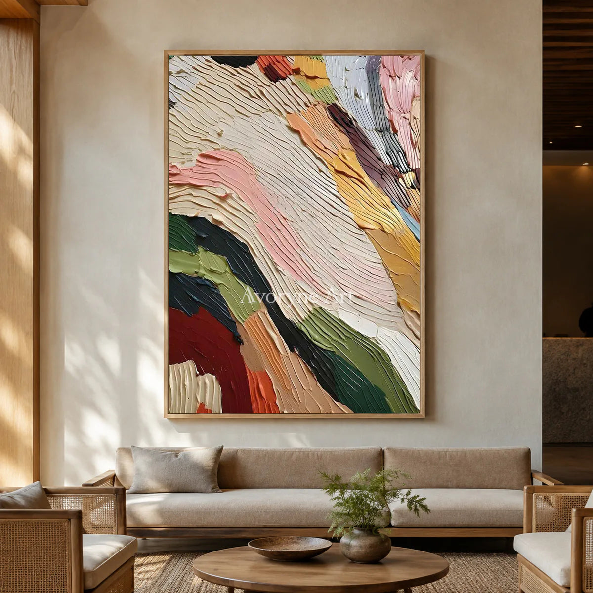 Chromatic Passage: Beige Textured Colorful Abstract Wall Art — hotel wood