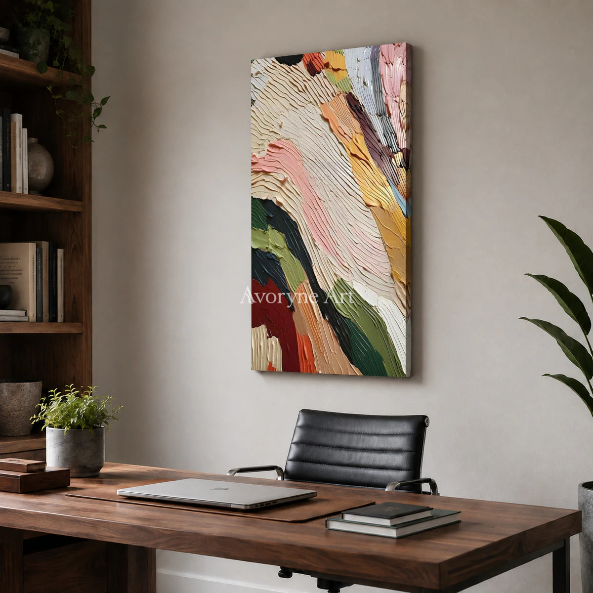 Chromatic Passage: Beige Textured Colorful Abstract Wall Art — office frameless